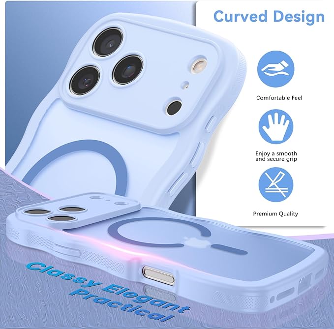 BENTOBEN Magnetic for iPhone 17 Pro Case, Cute Wavy [Full Camera Protection][Compatible with MagSafe] Matte Anti-Slip Bumper Women Girls Boys Protective Cover for 17 Pro 6.3", Mist Bluem