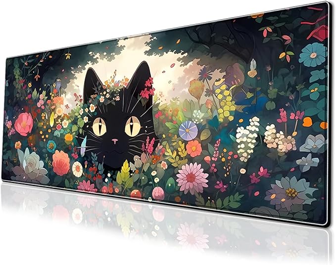 Gaming Mouse Pad XXL Extended Anime Mouse Pad 31.5x11.8 inch, Large Cute Kawaii Big Computer Mouse Mat Desk Pad with Non-Slip Rubber Base and Stitched Edge for Home Office-Flowers Cat