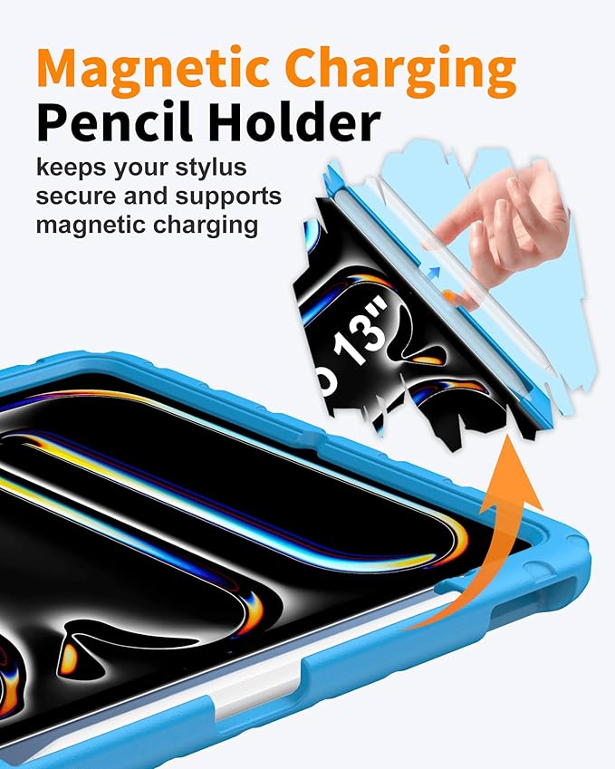 for iPad Air 13 Inch Case (M4 2026 / M3 2025 / M2 2024), Heavy Duty EVA Protective Cover with Magnetic Charging Pencil Holder, 360° Rotating Stand, for Kids, Work & Travel, Blue