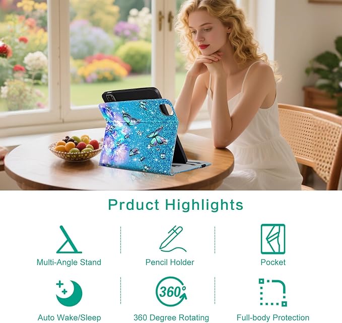 Rotating iPad Air 11-Inch Case M4/M3/M2, Case for iPad Air 5th/4th Generation 10.9 Inch,360 Swivel Multi-Angle Adjustable Stand Pencil Holder/Pocket/Hand Strap iPad Pro 11-inch case Flowers Butterfly