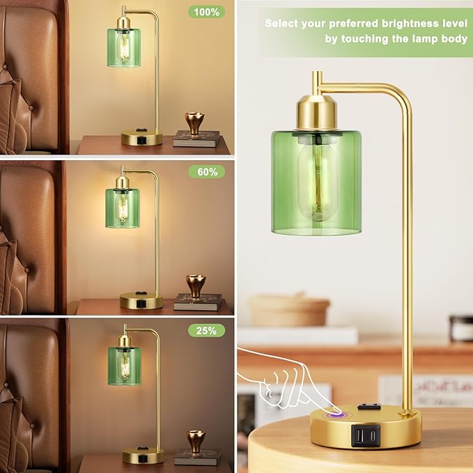 Innqoo Industrial Green Table Lamps for Bedrooms Set of 2-3-Way Dimmable Desk Lamp with USB C+A Ports and Outlet, Gold Lamps with Green Glass Shade for Living Room