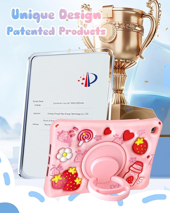 Boaretiu for iPad mini 5/4 Generation Case - Soft Silicone Cute Cartoon for iPad mini 5th/4th Case with Shoulder Strap & Rotating Stand 3D Kawaii for Women Girls Girly Teens, Strawberry