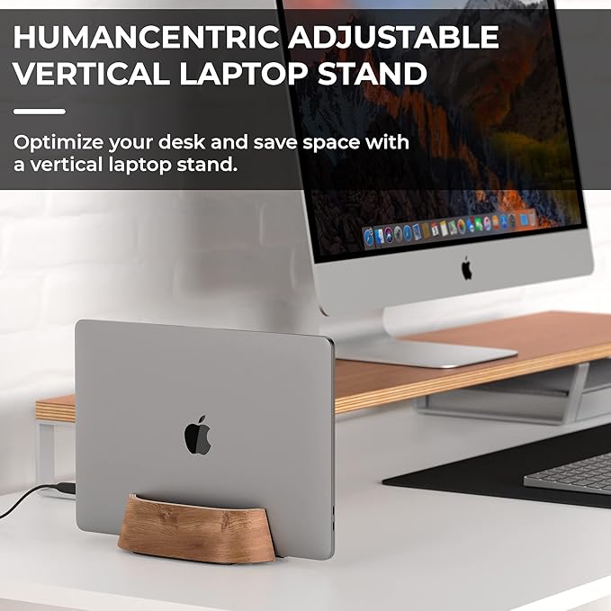 HumanCentric Vertical Laptop Stand in Black Walnut Wood, Upright Adjustable Holder and Dock, Laptop Vertical Stand Fits MacBook Pro and Other Laptops .5" to 1.5", Clamshell Compatible