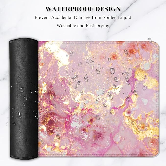 Auhoahsil Large Mouse Pad, XXL Gaming Mousepad, Desk Mat for Desktop, Thick Rubber, Big & Long Size, Stitched Edges, Full Desk Pad for Laptop & Computer, Extended 35.4 x 15.7 in, Pink Gold Marble