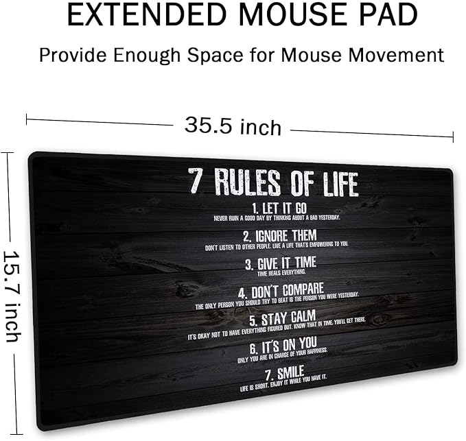 SSOIU 7 Rules of Life Motivational Quotes Mouse Pad 35.5 X 15.7 Inch XXL Full Desk Mousepad Extended Large Non-Slip Rubber Base Waterproof Big Keyboard Mat with Stitched Edges for Gaming and Office
