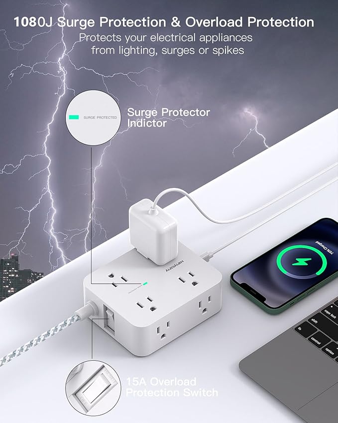 Surge Protector Power Strip 15 Ft Long Cord, HANYCONY Extension Cord 15 Feet with 8 Outlets 4 USB Ports(2 USB C), Flat Plug, Desk Charging Station for Home Office College Dorm Room Essentials