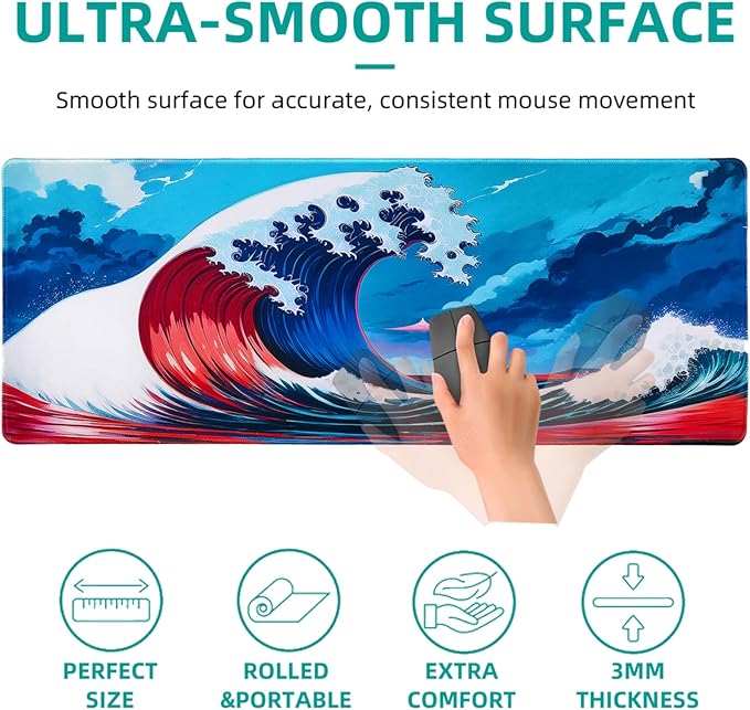 Hopipad Japanese Style Waves Large Gaming Mouse Pad for Desk, Desk Mat with Seamed Edges, Waterproof Desk Pad, Non-Slip Rubber Base, 31.5x11.8 Inch Keyboard Pad Computer Mat, Big XL Mousepad