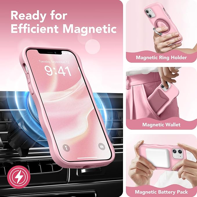 CAPRARO Cute for iPhone 12 Case & iPhone 12 Pro Case, Compatible with MagSafe, [Curly Wave Edge] [Camera Protection] [14 FT Drop Protection] Magnetic for iPhone 12/12 Pro, Peach Pink