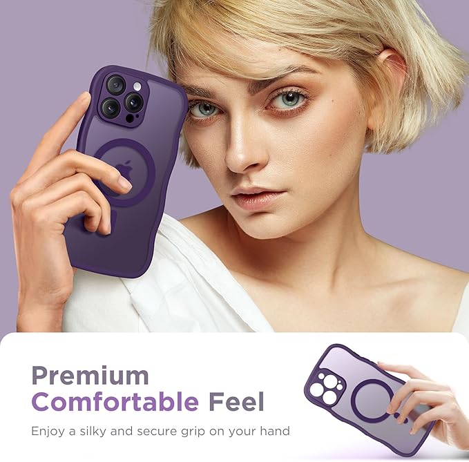 CAPRARO for iPhone 16 Pro Max Case for Women Girls, Upgraded [Full Camera Protection] [Compatible with MagSafe] Cute Wave Translucent Matte Phone Case for iPhone 16 Pro Max, Deep Purple
