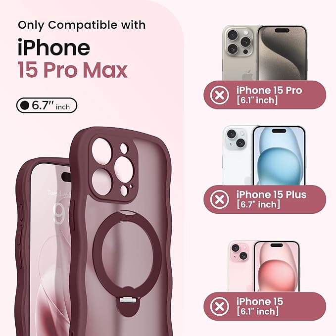 CAPRARO for iPhone 15 Pro Max Case with 360° Spin Magnetic Stand for Women, [Compatible with MagSafe] [Full Camera Protection] Cute Wave Translucent Matte Case for iPhone 15 Pro Max, Wine Red