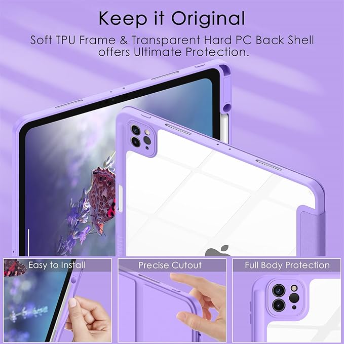 Soke Case for iPad Pro 12.9 Inch (6th/5th/4th/3rd Generation, 2022/2021/2020/2018) - Pencil Holder + Auto Sleep/Wake + Camera Protection, Transparent Shockproof Back Cover, Clove Purple