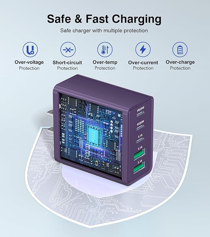 [2Pack] 50W USB C Plug,5-Port Fast Charger Block PD+QC Cube Wall Charging Box Brick for iPhone 17/16/15/14/13 for Samsung Galaxy S25/S24/S23/S22/S21+/S21 Ultra, Magsafe Wireless Charger,(Purple)