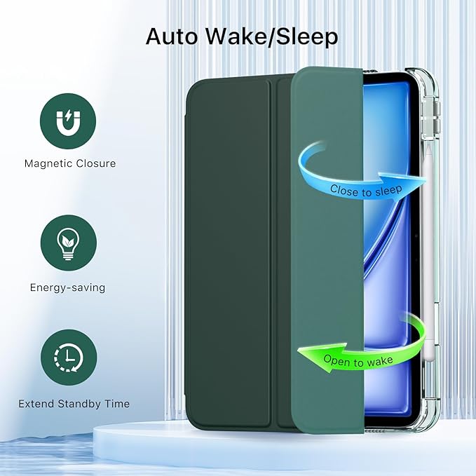 MoKo for iPad Air 11 inch Case (M4/M3/M2) 2026/2025/2024, iPad Air 5th/4th Gen 10.9 inch Case 2022/2020 with Pencil Holder, Slim Light Trifold Cover with Hard PC Translucent Back Shell, Midnight Green
