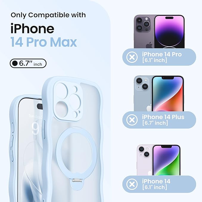 CAPRARO for iPhone 14 Pro Max Case with 360° Spin Magnetic Stand for Women, [Compatible with MagSafe] [Full Camera Protection] Cute Wave Translucent Matte Case for iPhone 14 Pro Max, Light Blue