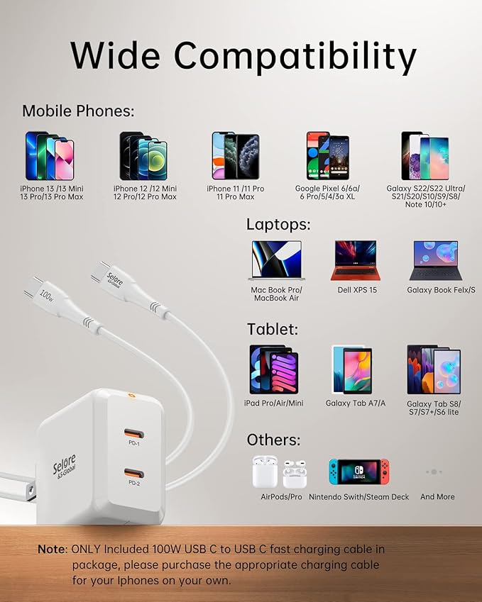 SELORE USB C Charger, 67W 2 Ports GaN Fast Charger Block, Compact Foldable Wall Charger with 100W Type C Charger Cable for MacBook Pro/Air, iPhone 17/16/15, iPad Pro, Galaxy S25/S24, Pixel etc