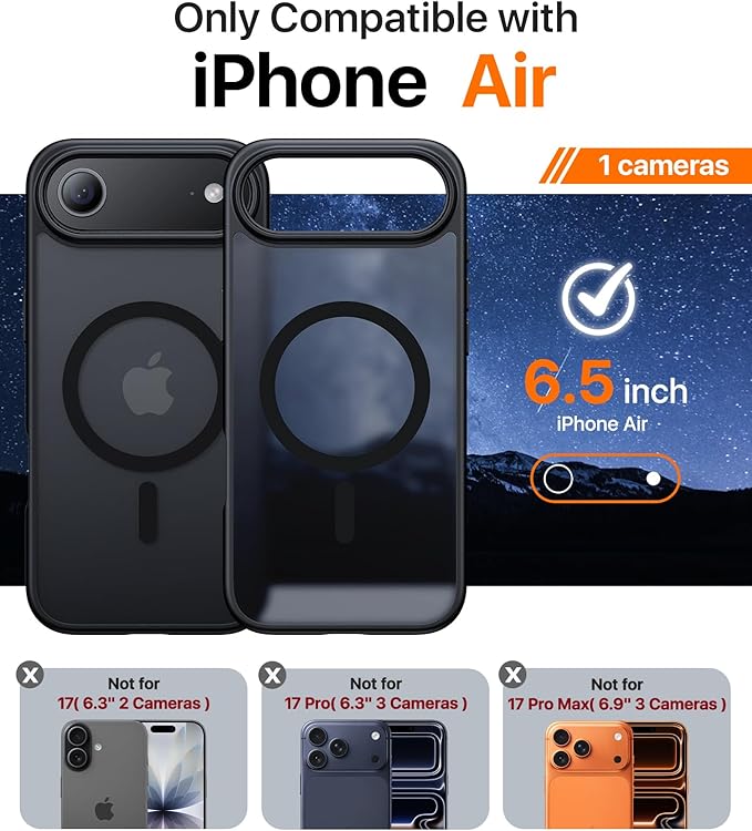Magnetic for iPhone Air Case 2025,[Anti-Slip][Compatible with MagSafe][Military Grade Drop Protection] Shockproof Protective Translucent Matte Phone Case for iPhone 17 Air Case,Black