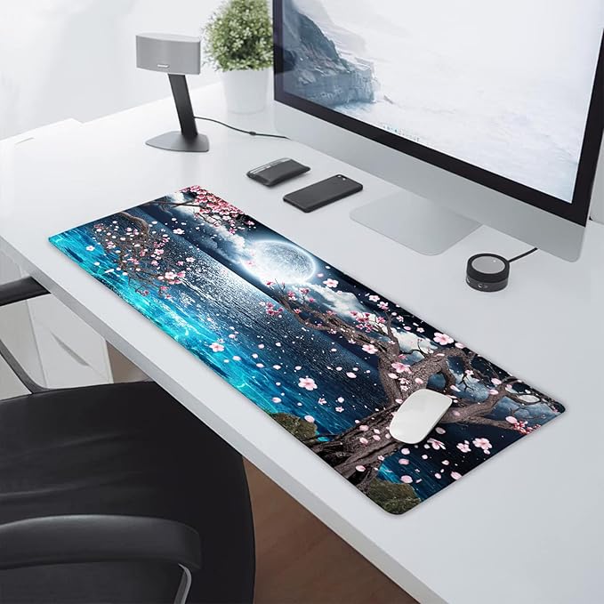 Pink Cherry Blossom Gaming Mouse Pad XL Sakura Tree Blue Ocean Moon Night Extended Big Large Desk Mat Non-Slip Rubber Base Stitched Edge Long Keyboard Mousepad for PC Computer Laptop,31.5×11.8 in