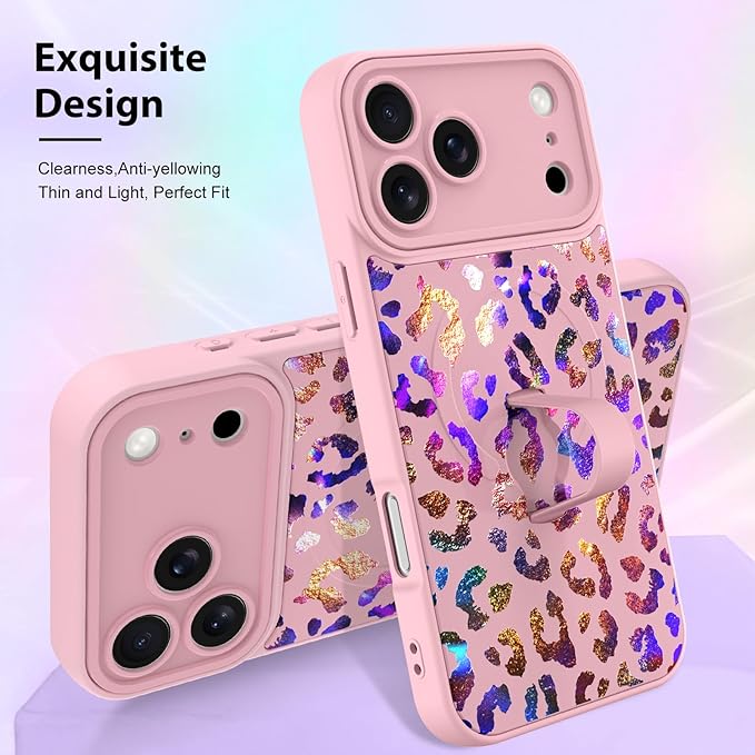 KANGHAR Compatible with iPhone 17 Pro Max Case, Support for MagSafe, Silicone Cute Iridescent Leopard Cheetah Pattern, Wristband Kickstand Shockproof Protective Slim Cover for Women Girls, Pink