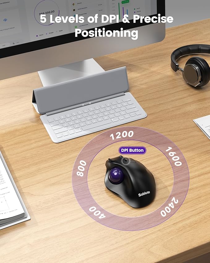 SABLUTE MAM2 Wireless Trackball Mouse with 5-Level DPI, Ergonomic Mouse 2.4G Plug-and-Play for 3 Devices (Bluetooth or USB), 500mAh Battery, Compatible with PC/Laptop/Mac/Windows-Purple Ball
