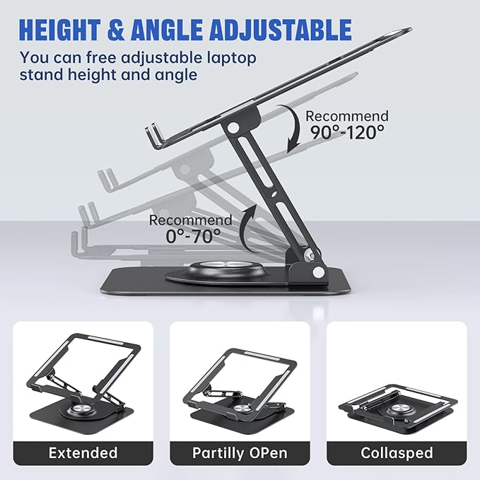 JOYEKY Laptop Stand for Desk, Adjustable Computer Stand with 360° Rotating Base, Ergonomic Laptop Riser for Collaborative Work, Foldable & Portable Laptop Stand, fits for All 10-16" Laptops (Black)