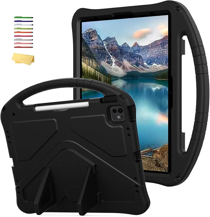 Kids Case for iPad Air 13 inch M4/M3/M2 (2026/2025/2024) with Pencil Holder/Shockproof Handle/Kickstand/Slim Lightweight Soft EVA Foam Folio Stand Tablet Protective Girls Boys Cover, Black