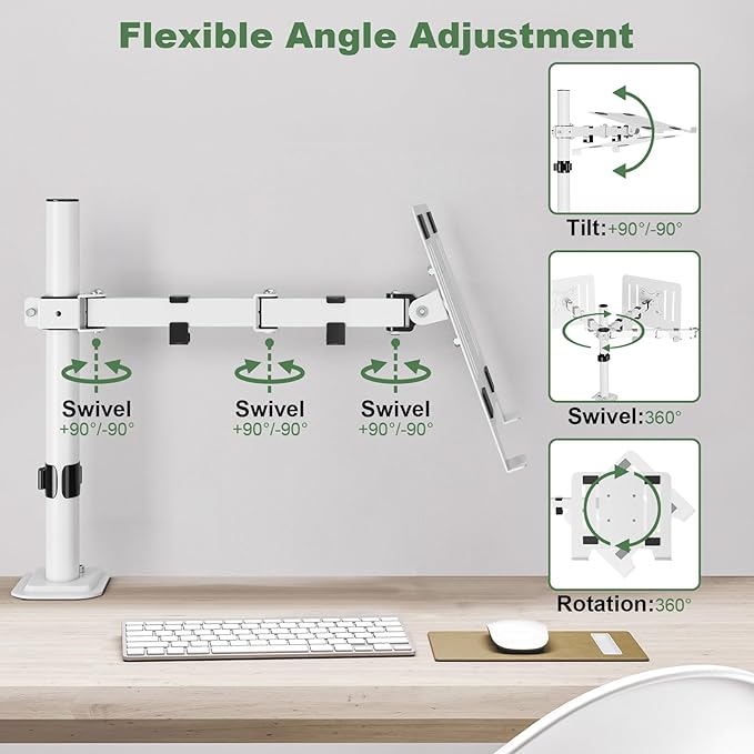 UPGRAVITY White Laptop Desk Mount with Vented Tray for Notebook up to 17 inch, Fully Adjustable Single Laptop Arm Stand Holds up to 17.6 lbs, Clamp on/Grommet Mounting