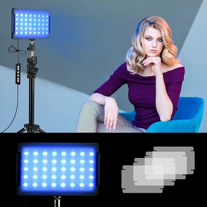 2 Packs RGB LED Video Light with Adjustable Tripod Stand/White Filters, Dimmable 2500-6500K USB Video Conference Lighting Kit for YouTube Photography/Game Zoom Live, Streaming,TikTok, 1.6M