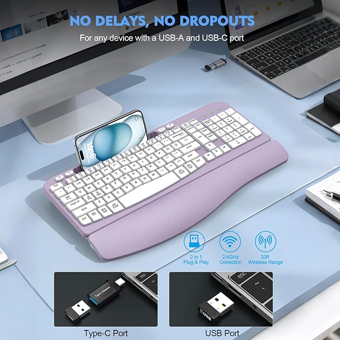 Ergonomic Wireless Keyboard with Cushioned Wrist Rest, Wave Keys, Phone Holder, Comfortable Natural Typing, 2.4GHz Full Size Cordless USB Computer Keyboard for Windows, Mac OS, Laptop, PC (Purple)