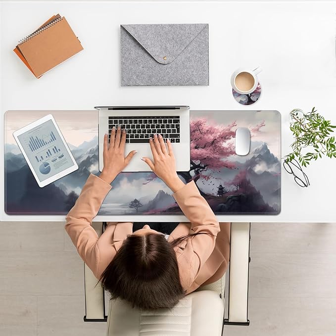 Large Mouse Pad, Desk Mat, XL Gaming Keyboard Mat, Non-Slip Rubber Base, Full Extended Mousepad for Gaming Office Home, 31.5 X 11.8 Inch, Sakura Tree