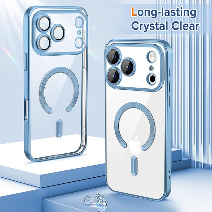 Hython Magnetic Clear for iPhone 17 Pro Max Case with Camera Lens Protector [Compatible with MagSafe] Plating Edge Slim Soft TPU Cover Protective Phone Case for 17 Pro Max 6.9", Matte Light Blue