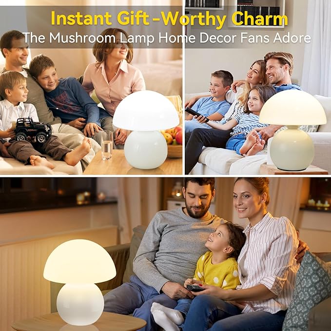 Remote Control Mushroom Lamp with Timer – 3-Color Dimmable Bedside Light, Ceramic Base & Glass Shade, Modern Decorative Night Lamp for Bedroom, Living Room, and Home Office (Pearl White)