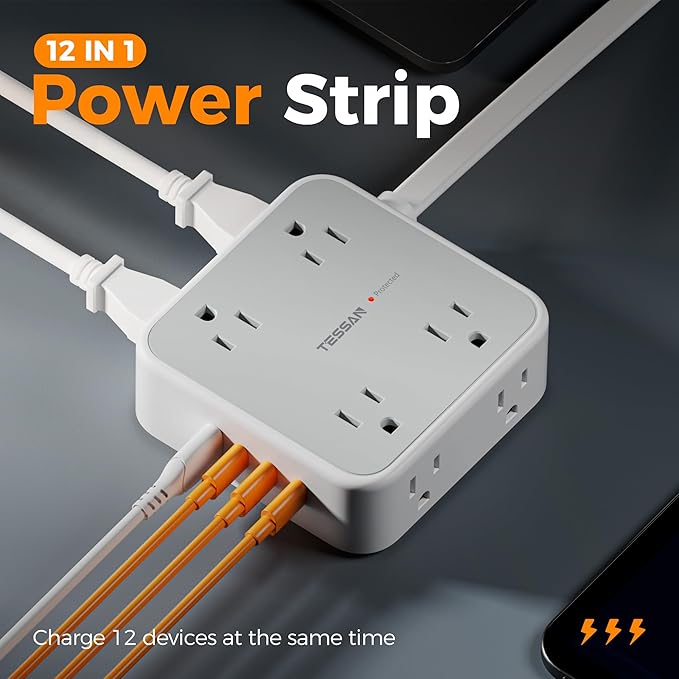 TESSAN Surge Protector Power Strip, 5 Ft Flat Plug Extension Cord with 4 USB (3 USB C) 8 Outlets, 1250W, 900J Protection, 3 Sided Outlet Extender with Power Switch for Office, Dorm Room, Grey