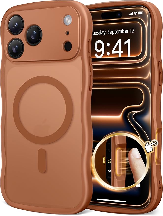CAPRARO Magnetic for iPhone 17 Pro Case for Women Girls, Upgraded [Full Camera Protection] [Compatible with MagSafe] Cute Wave Translucent Matte Phone Case for iPhone 17 Pro, Dark Orange