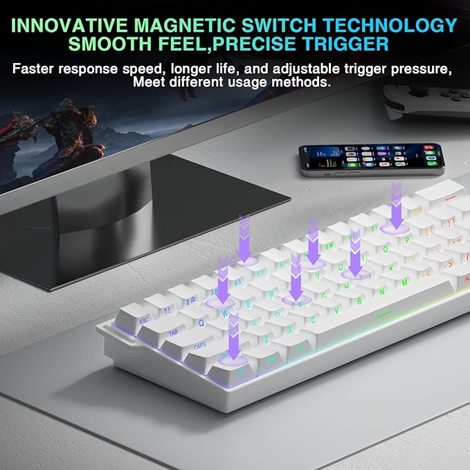 Aula MINI60 HE PRO Wireless Gaming Keyboard 60%,Hall Effect Rapid Trigger Magnetic Keyboard,8000Hz Polling,Tri-Mode(BT5.0/2.4GHz/USB-C),RGB Hot Swappable Compact Mechanical Keyboard for Gamer(White)