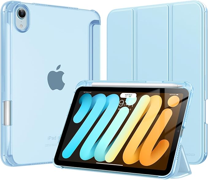 MoKo for iPad mini 7 A17 Pro Case 2024, iPad mini 6th Generation Case 8.3 Inch 2021 with Pencil Holder, Slim Light Trifold Smart Protective Cover with Hard PC Translucent Back Shell, Sky Blue