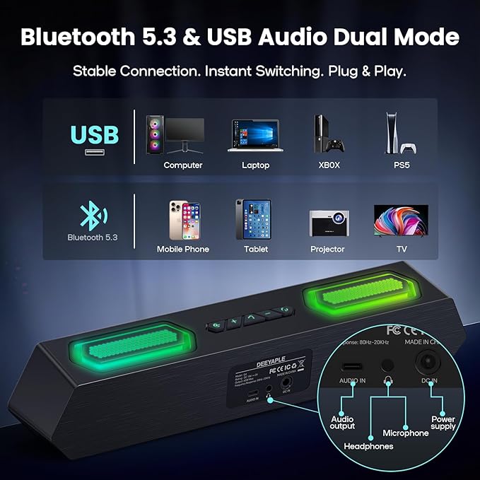 Deeyaple Computer Speakers, 40W PC Speakers for Desktop Monitor with Bluetooth 5.3 & USB Audio, HiFi Stereo Gaming Soundbar with Custom EQ Software, Dynamic RGB Lighting for Laptop, PS4, PS5, Black.