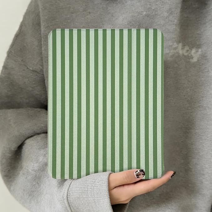 Lovmooful Compatible for iPad Air 6th 11-inch M2 (2024),iPad Air 5/4 (2022/2020 5th/4th Generation 10.9-Inch) Case with Pencil Holder Cute Striped Design Soft TPU Trifold Stand Protective-Dark Green