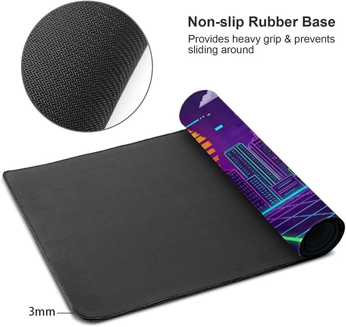 AQQA XL Gaming Mouse Pad - Retro Synthwave Pixel Art Desk Mat, Cyberpunk Neon City Sunset Design,Large Extended Mousepad with Stitched Edges,Non-Slip Rubber Base for Gamers,Home Office & Studio Decor