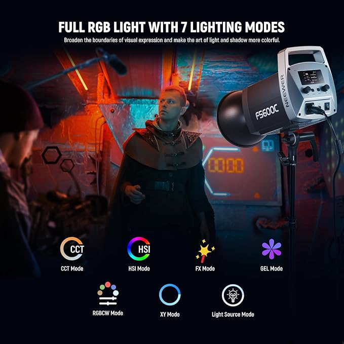 NEEWER Pro 600W RGB LED Video Light APP/2.4G/DMX Control, 2500-7500K 52500lx/1m COB Continuous Output Lighting, CRI95+/TLCI97+ Spotlight with Bag for Studio Photography Recording Streaming, FS600C