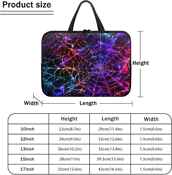 Colorful Spider Cobweb 12 Inch Laptop Sleeve Laptop Cover Computer Bag Tablet Carrying Case with Handle Business Tote Bags Notebook Sleeves Handbag for Halloween Decorations