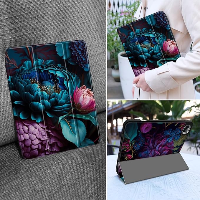 MEEgoodo for iPad Pro M2 12.9 Case 6th/5th/4th/3rd Generation 2022 2021 2020 2018 with Pencil Holder, Tablet Cover with TPU Back Shell, Beautiful Fantasy Flower