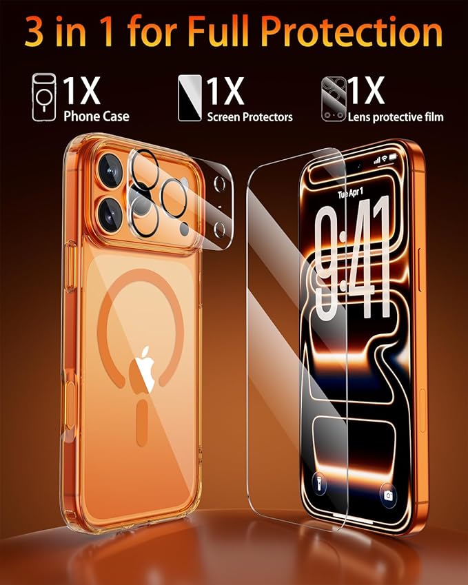 for iPhone 17 Pro Max Case, Compatible with MagSafe, Magnetic Slim Cover, Anti-Yellowing & Shockproof, Full Camera Protection, Includes Screen & Lens Protectors, Clear Orange Protective Case
