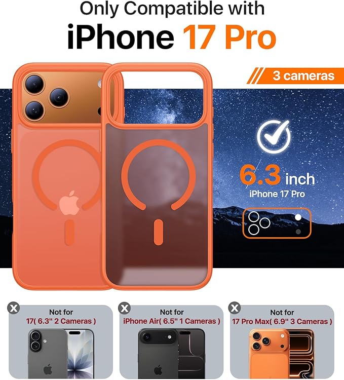Magnetic for iPhone 17 Pro Case,[Anti-Slip][Compatible with MagSafe][Military Grade Drop Protection] Shockproof Protective Translucent Matte Phone Case for iPhone 17 Pro Case,Orange