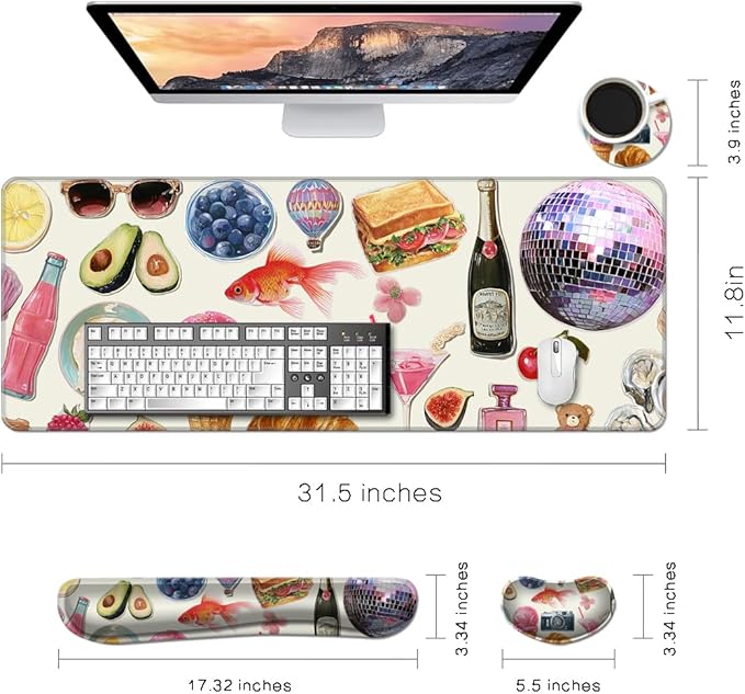 MIBITRI Keyboard Mouse Pad Set, Extended Gaming Mouse Pad+Ergonomics Keyboard Wrist Rest Support, Memory Foam, Easy Typing Pain Relief, 4Pcs XXL Ultra Thick Desk Mat, Collage Lovely
