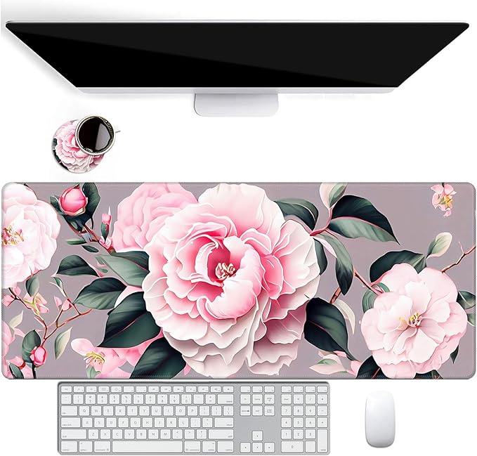 Large Mouse Pad for Desk+Coaster, Extended XL Mouse Pad 31.5x11.8 in, Mouse Pads Large with Stitched Edge, Desk Mat Keyboard Pad Non Slip Base Multi Purpose Desk Pad - Flower