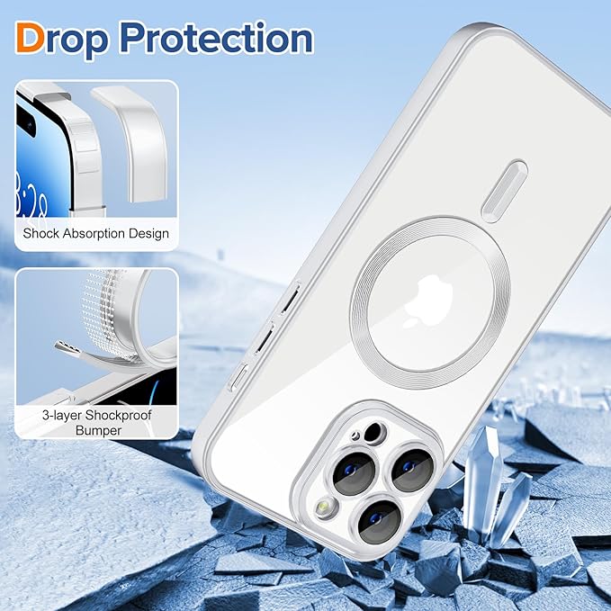Hython Magnetic Clear for iPhone 14 Pro Max Case with Camera Lens Protector [Compatible with MagSafe] Plating Edge Slim Soft TPU Cover Protective Phone Case for iPhone 14 Pro Max 6.7", Matte Silver