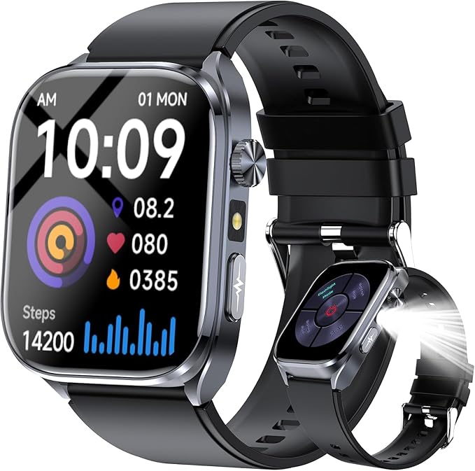 Advanced Health Smartwatch for Women Men with Real-Time Monitoring of Heart Rate, Sleep Quality and Stress Levels, Always-On Display，Bright Flashlight (Black)