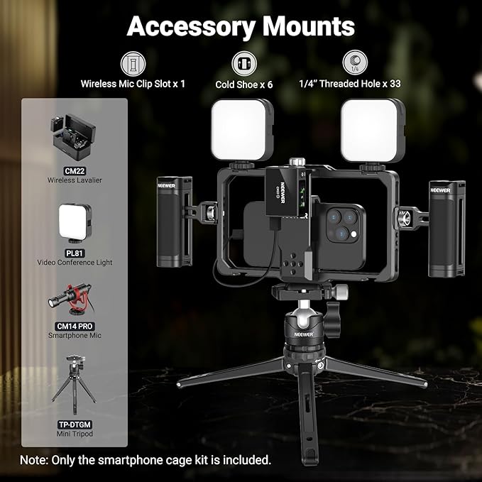 NEEWER Upgraded Phone Rig Vlogging Kit, Video Stabilizer with Dual Handle, Wireless Mic Clip Slot for TikTok YouTube, Compatible with SmallRig iPhone 17 Pro Max 16 16e 15 Galaxy S25 Ultra, PA009