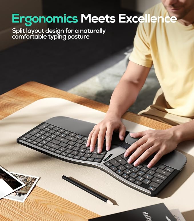 Nulea RT07B Wireless Ergonomic Keyboard - Split Keyboard, Wrist Rest, Natural Typing, Bluetooth and USB Connectivity, USB-C Rechargeable,Compatible with Windows Mac (Silver White)
