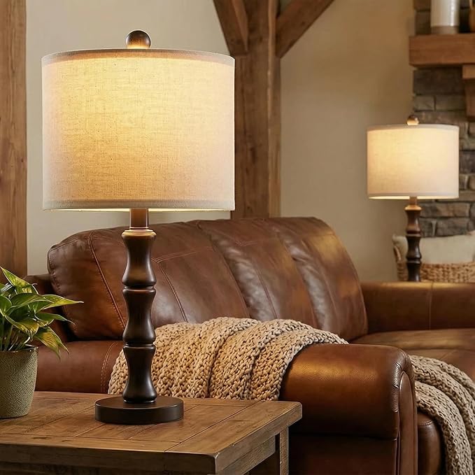BOBOMOMO 20.5" Classic Table Lamps Set of 2, Farmhouse Nightstand Lamps with Dark Wood Grain Resin Base & Linen Shade, Small Bedside Lamps for Bedroom, Living Room, Home Office & Cozy Apartment Décor